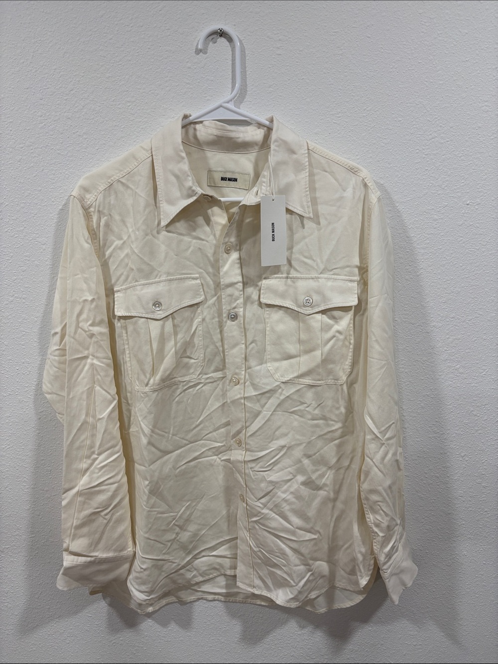 NWT Buck Mason Women’s Ivory Draped Twill CPO Long Sleeve Shirt Large $168